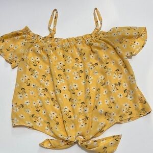 𝅺LILY White Womens L Yellow Floral Print Short Sleeve Off The Shoulder Top Tie